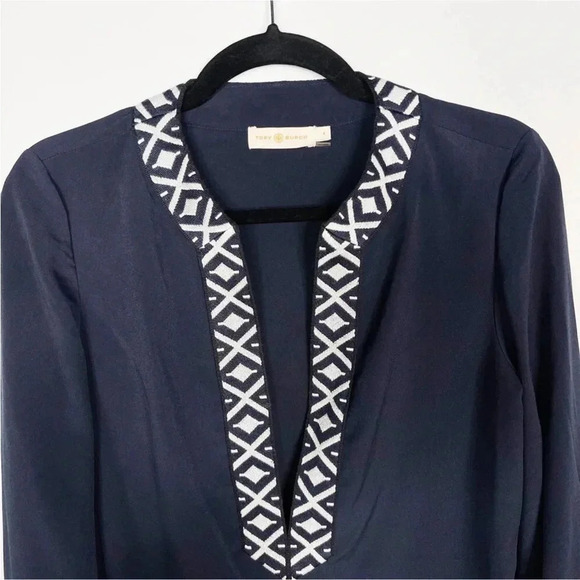 Tory Burch Ariana navy tunic embroidered trim long sleeve Size 2 - Picture 4 of 11